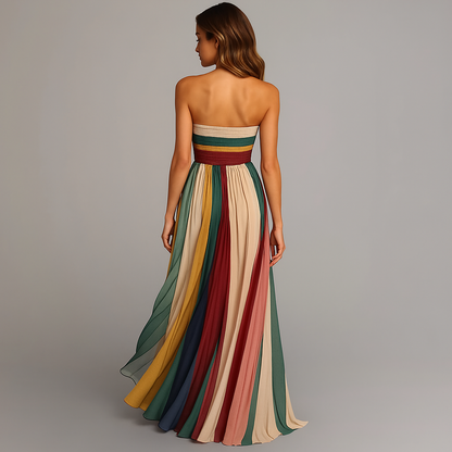 Elegant Multicolor Striped Maxi Dress for Women with Strapless Formal Wedding Guest Style