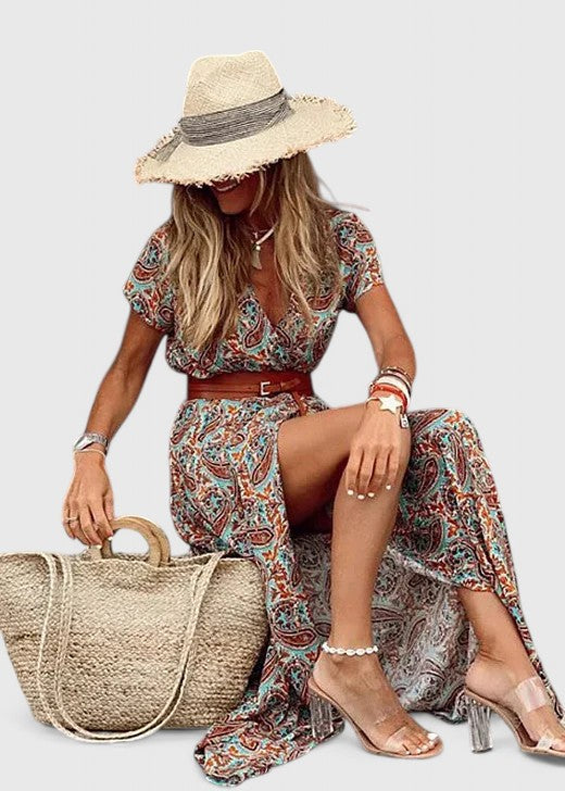Effortless Paisley Maxi Dress for Women with V Neck Boho Style