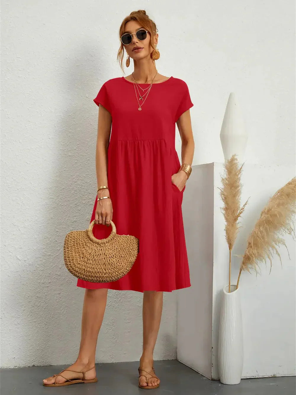 Effortless Red Midi Dress for Women with Round Neck Style