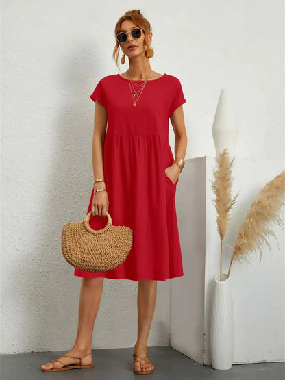 Effortless Red Midi Dress for Women with Round Neck Style