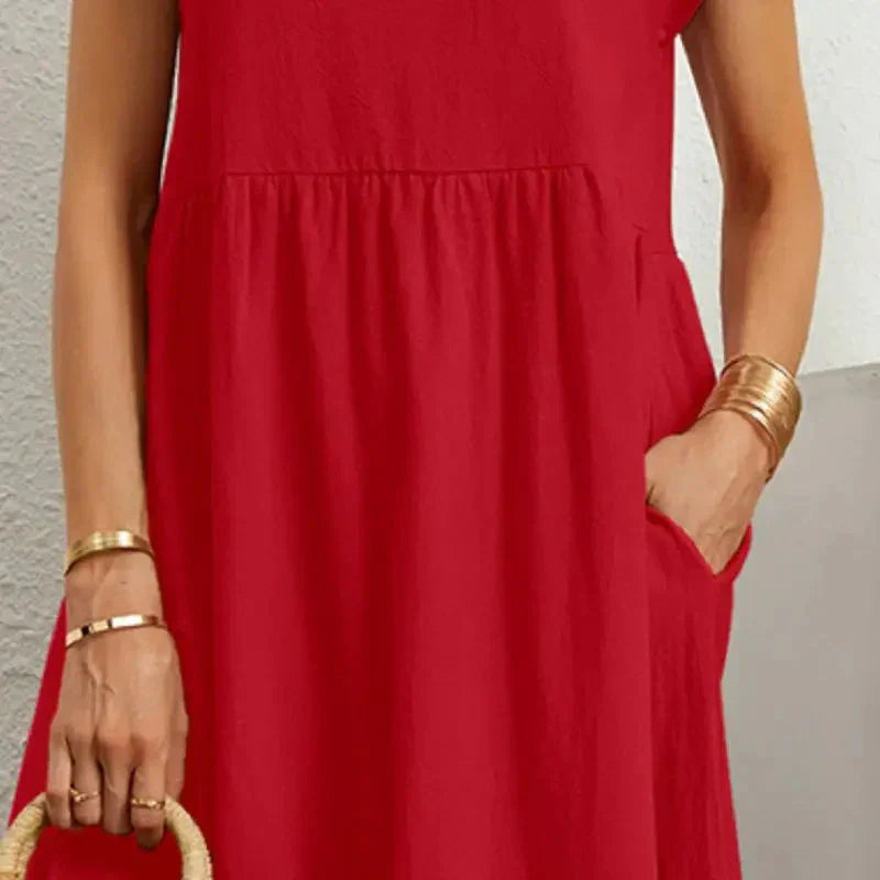 Effortless Red Midi Dress for Women with Round Neck Style