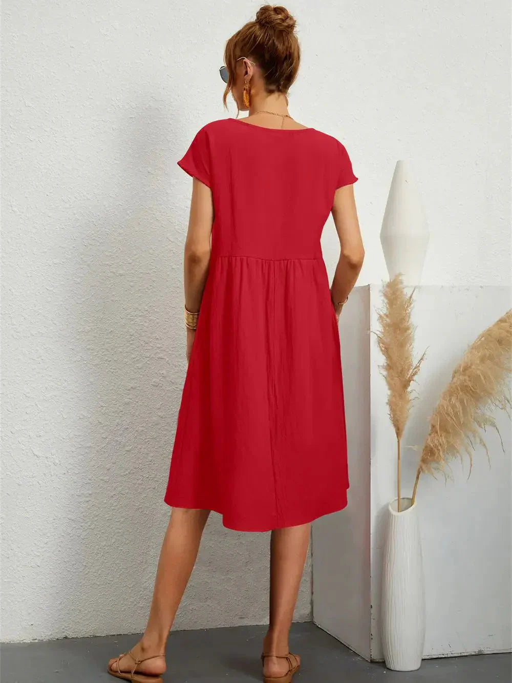 Effortless Red Midi Dress for Women with Round Neck Style