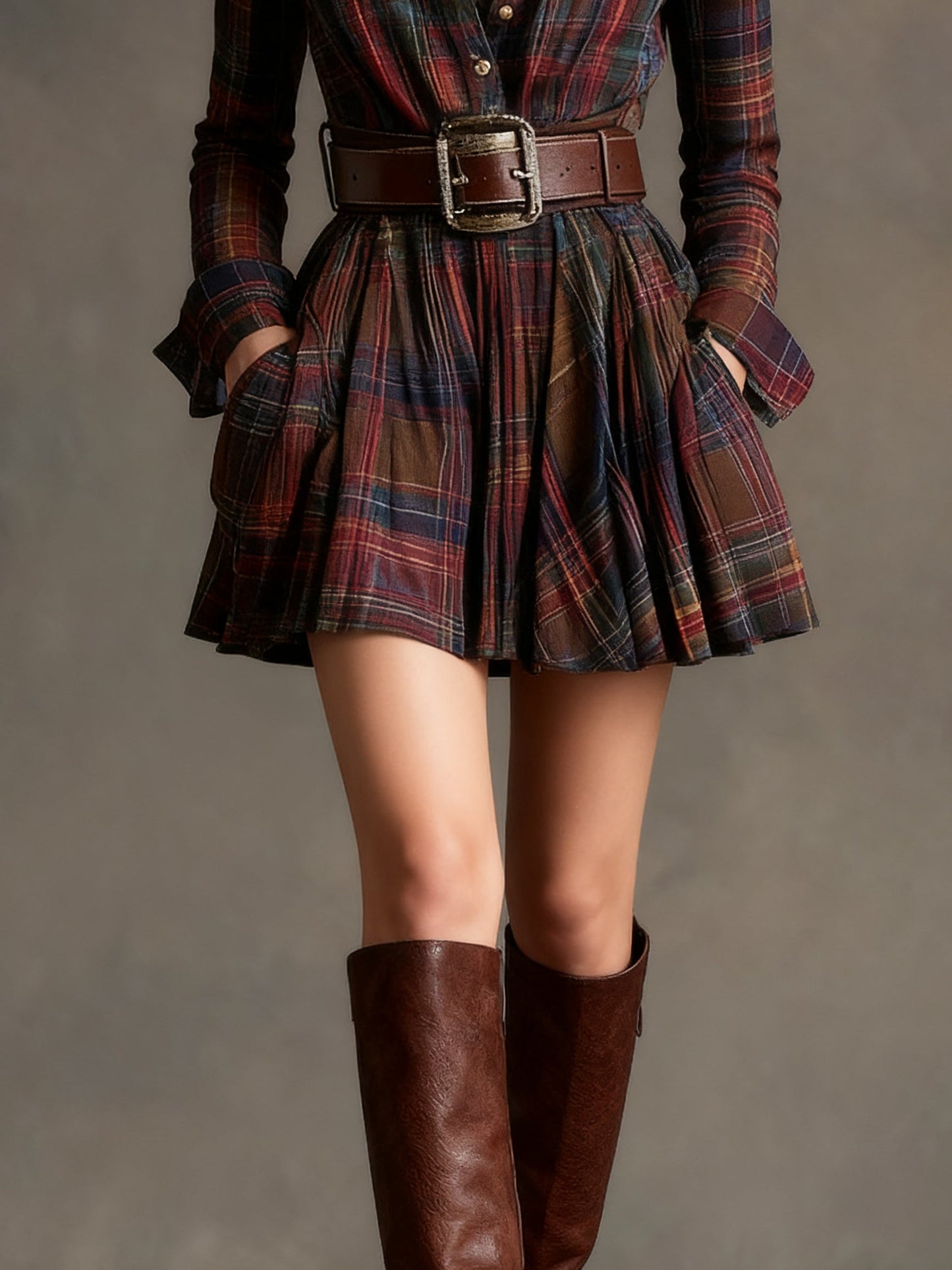 Effortless Plaid Mini Shirt Dress for Women with Belted Style