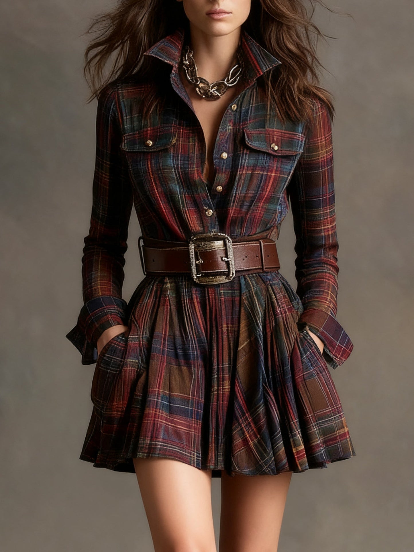 Effortless Plaid Mini Shirt Dress for Women with Belted Style
