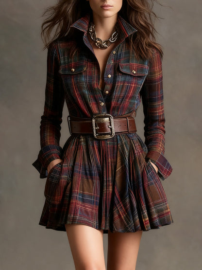 Effortless Plaid Mini Shirt Dress for Women with Belted Style