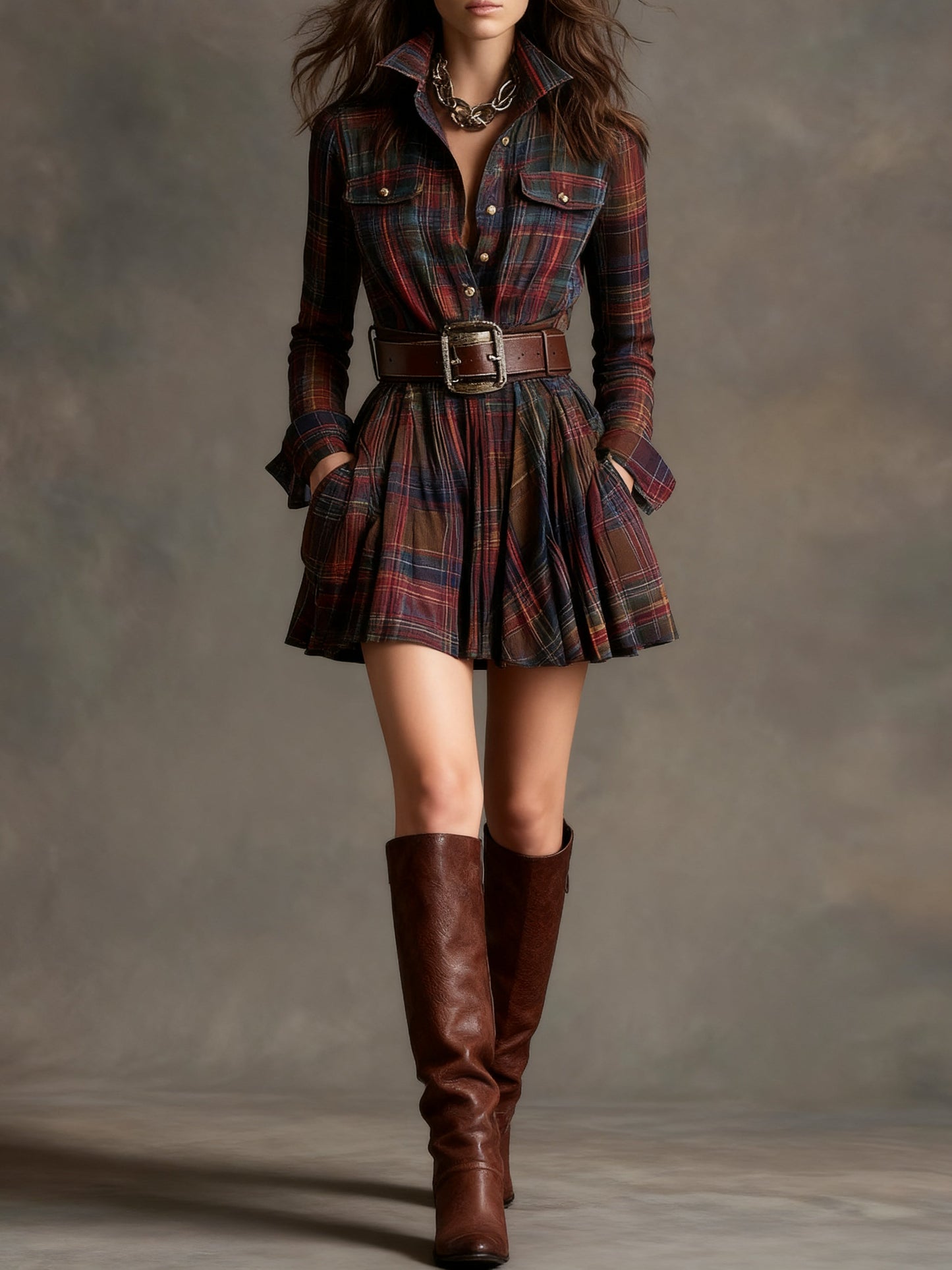 Effortless Plaid Mini Shirt Dress for Women with Belted Style