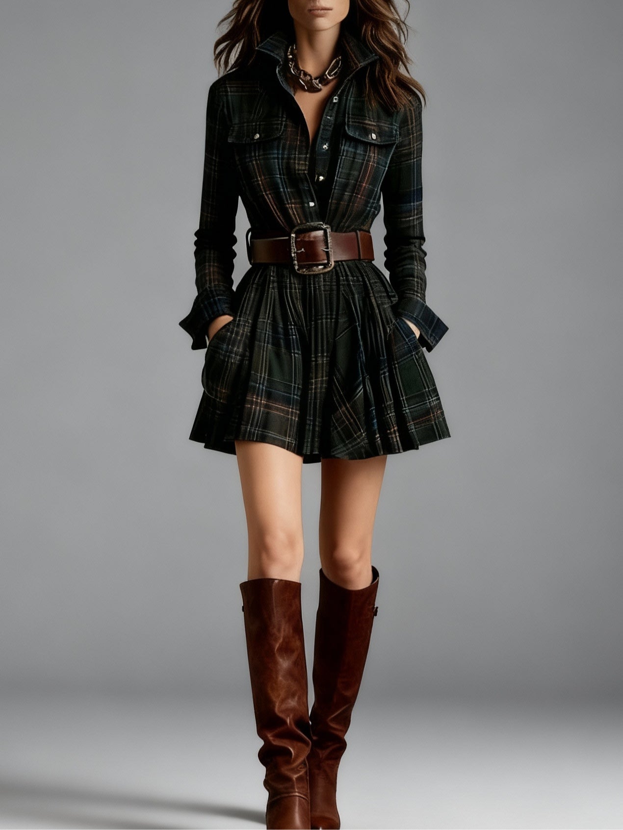 Effortless Plaid Mini Shirt Dress for Women with Belted Style
