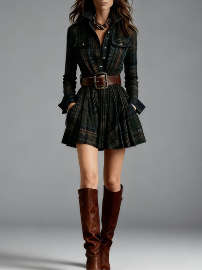 Effortless Plaid Mini Shirt Dress for Women with Belted Style