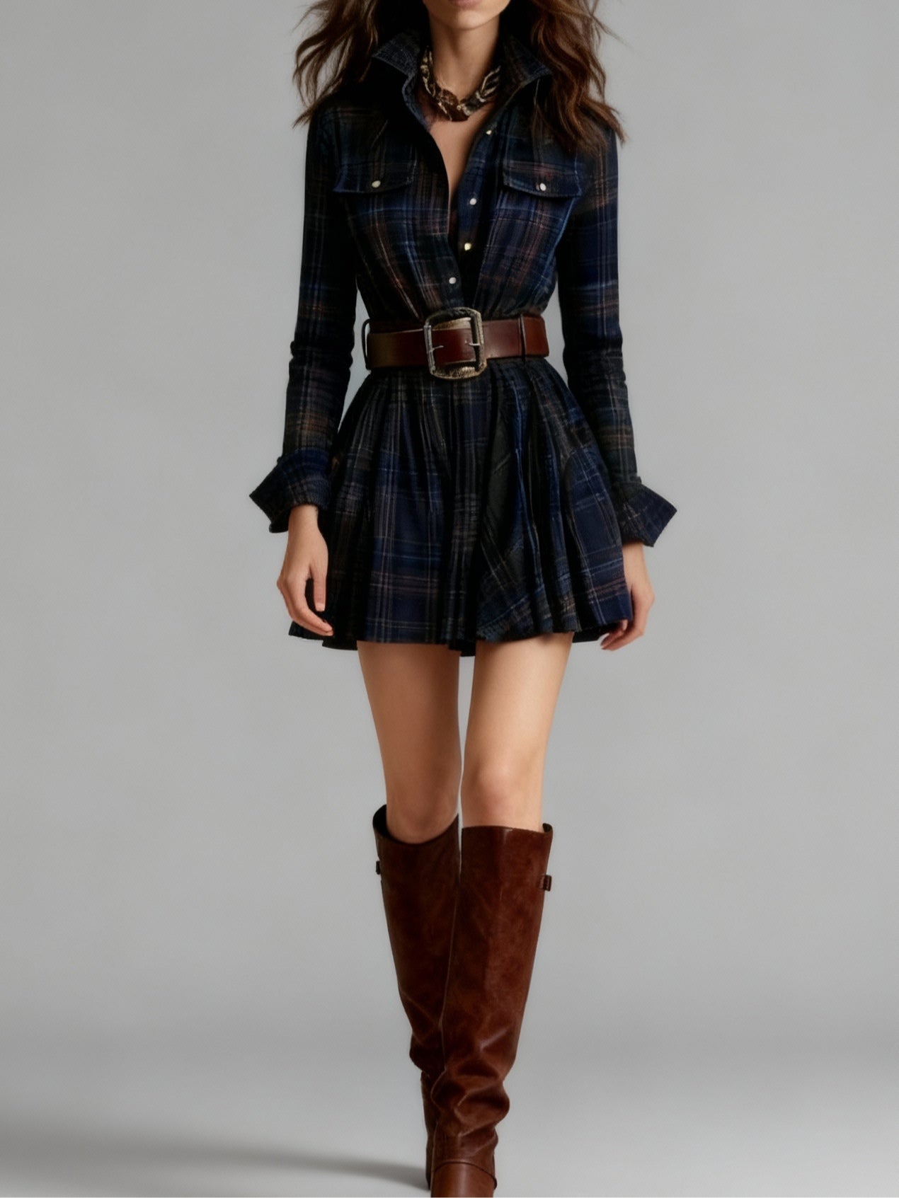Effortless Plaid Mini Shirt Dress for Women with Belted Style