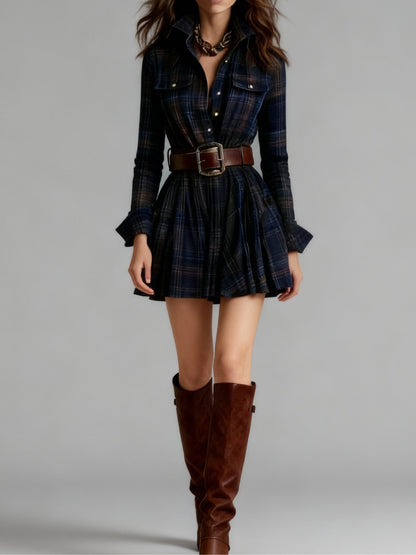 Effortless Plaid Mini Shirt Dress for Women with Belted Style
