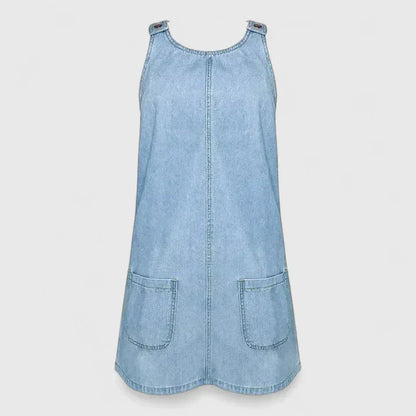 Effortless Blue Denim Midi Dress for Women with Scoop Neck Style