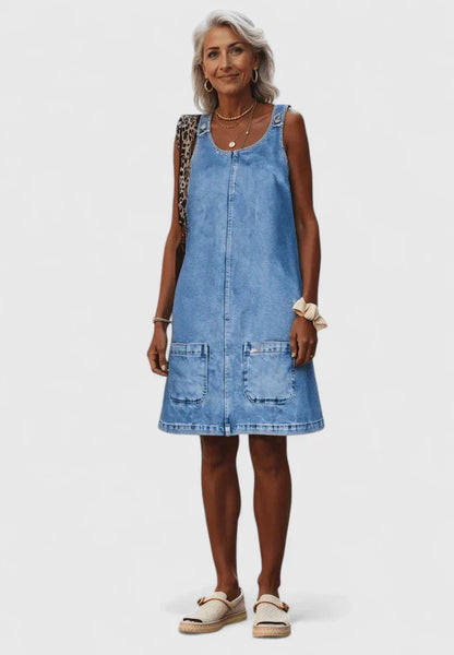 Effortless Blue Denim Midi Dress for Women with Scoop Neck Style