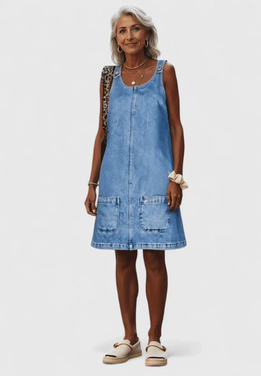Effortless Blue Denim Midi Dress for Women with Scoop Neck Style