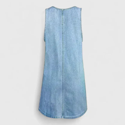 Effortless Blue Denim Midi Dress for Women with Scoop Neck Style