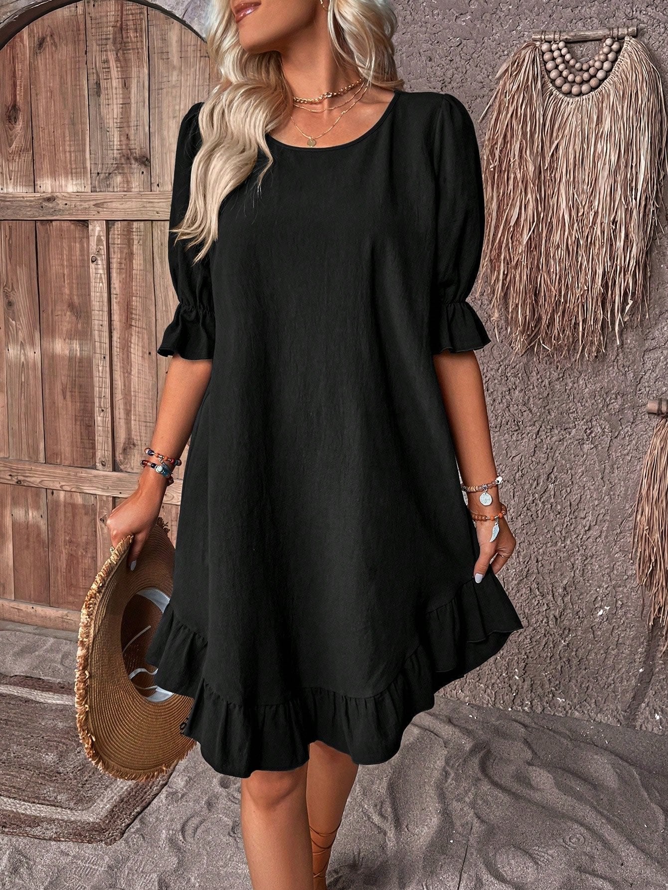 Effortless Linen A Line Dress for Women with Round Neck Style