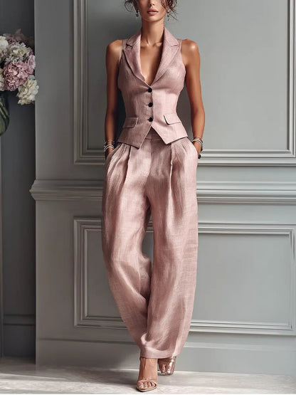 Blush Pink Vest Two Piece Set with Wide Leg Pants