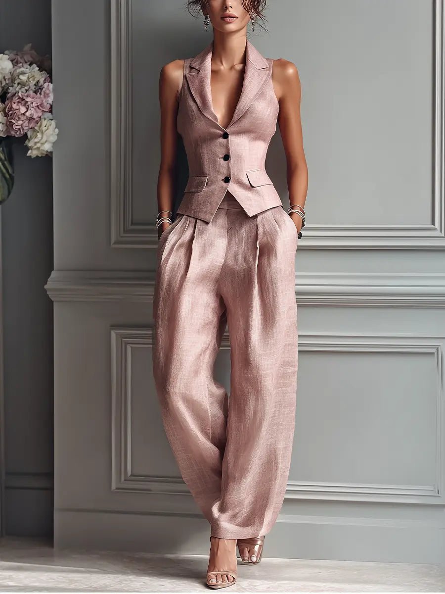 Elegant Linen Vest Wide Leg Pants Set for Women