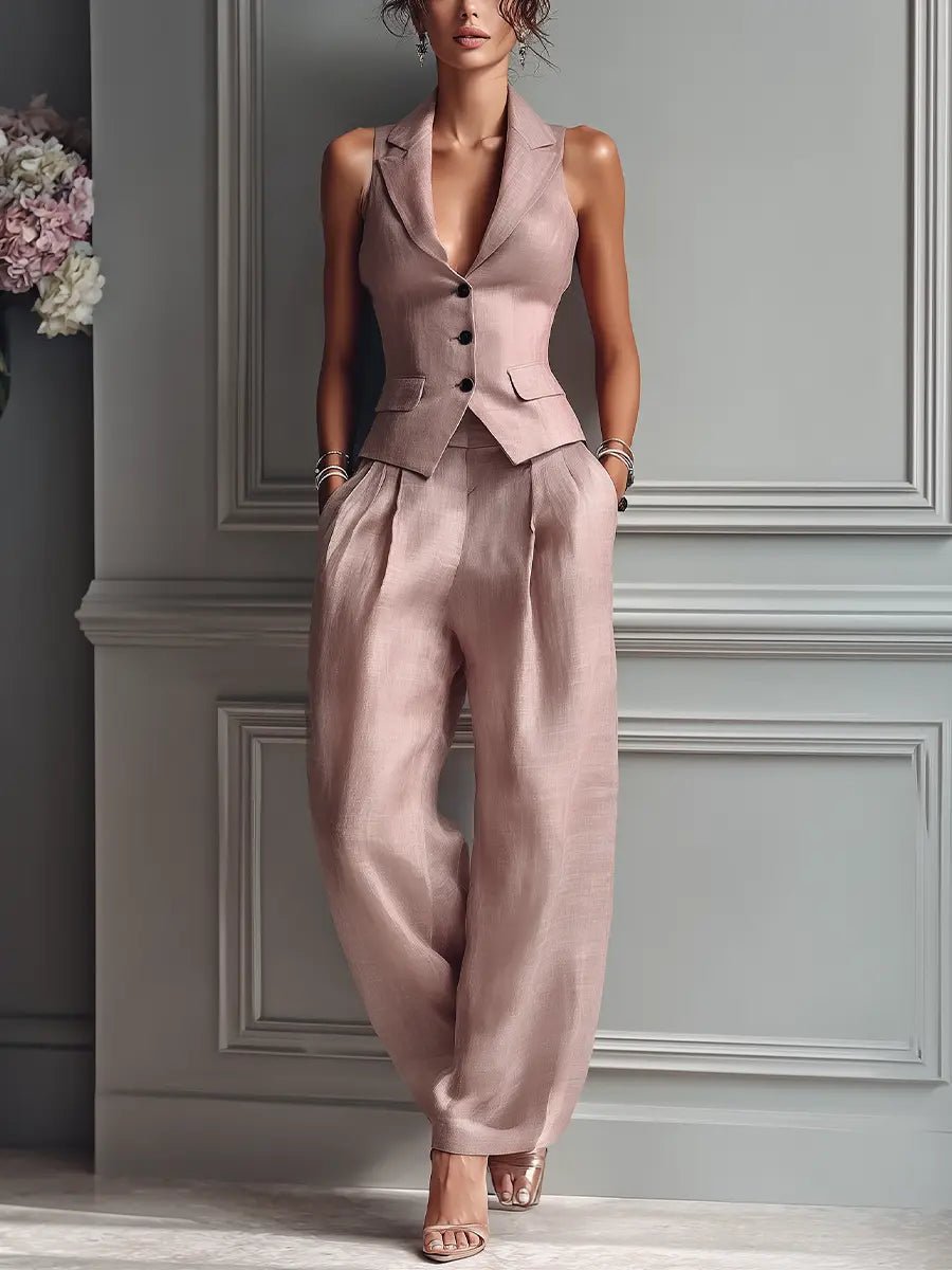 Elegant Linen Vest Wide Leg Pants Set for Women