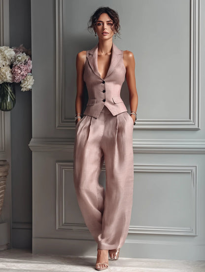 Blush Pink Vest Two Piece Set with Wide Leg Pants