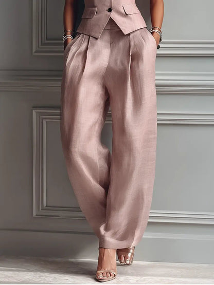 Elegant Linen Vest Wide Leg Pants Set for Women