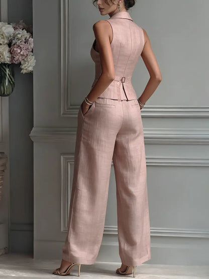 Blush Pink Vest Two Piece Set with Wide Leg Pants