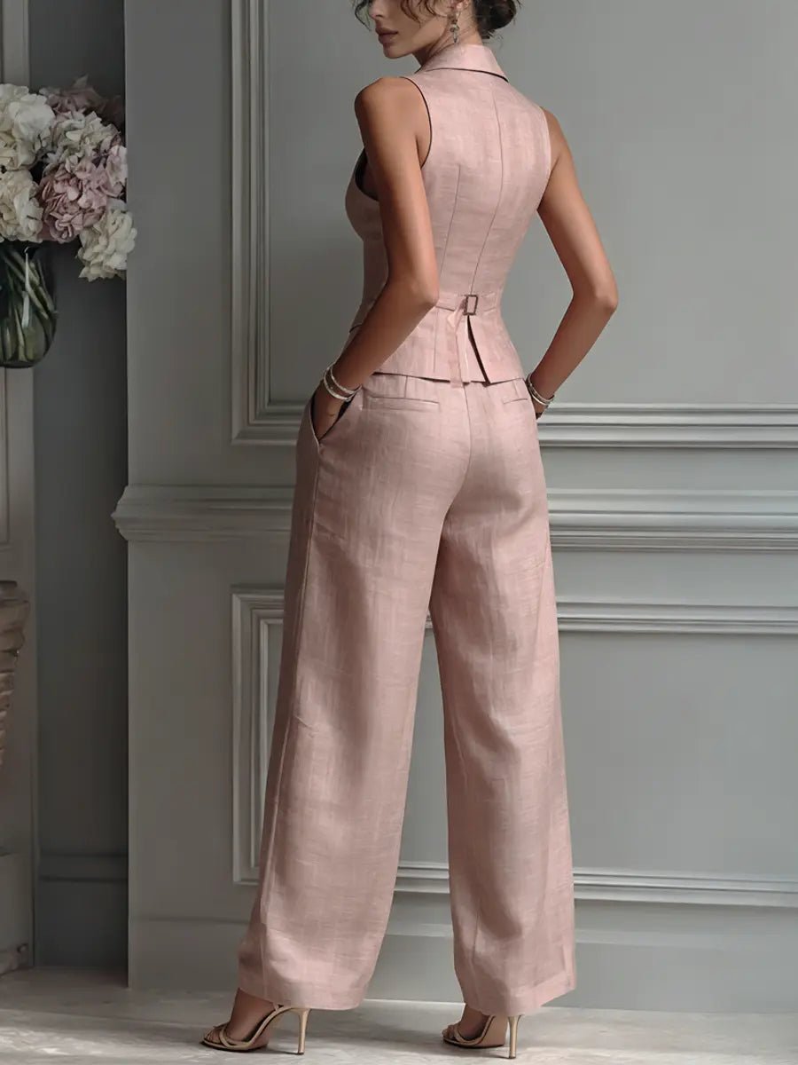 Elegant Linen Vest Wide Leg Pants Set for Women