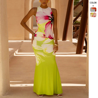 Abstract Print Maxi Dress with Fitted Silhouette