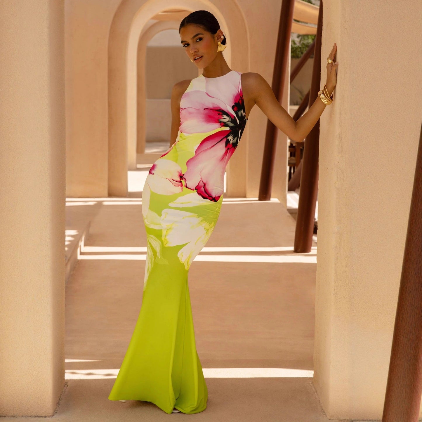Abstract Print Maxi Dress with Fitted Silhouette