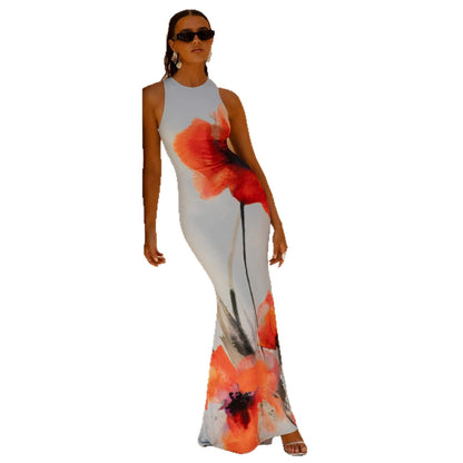 Abstract Print Maxi Dress with Fitted Silhouette