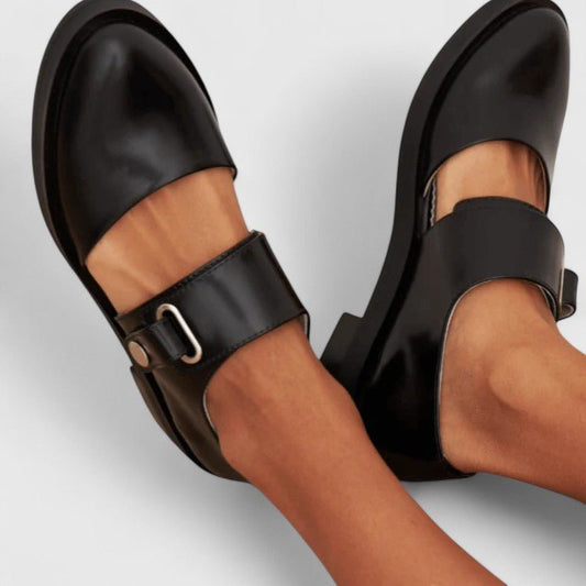 Black Buckle Flats with Round Toe