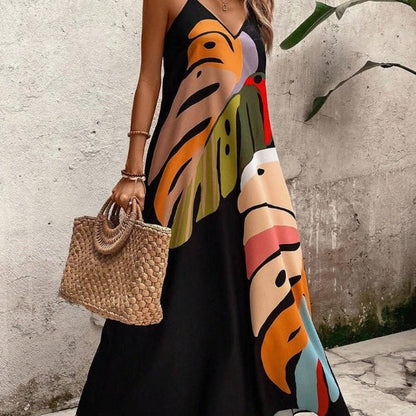 Effortless Abstract Print Maxi Dress for Women with V Neck Style