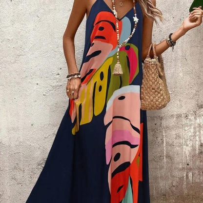 Effortless Abstract Print Maxi Dress for Women with V Neck Style