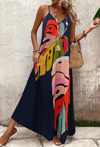 Effortless Abstract Print Maxi Dress for Women with V Neck Style