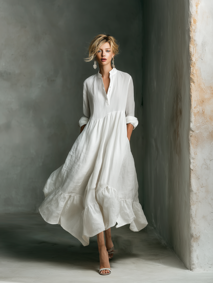 Effortless White Maxi Dress for Women with Stand Collar Style