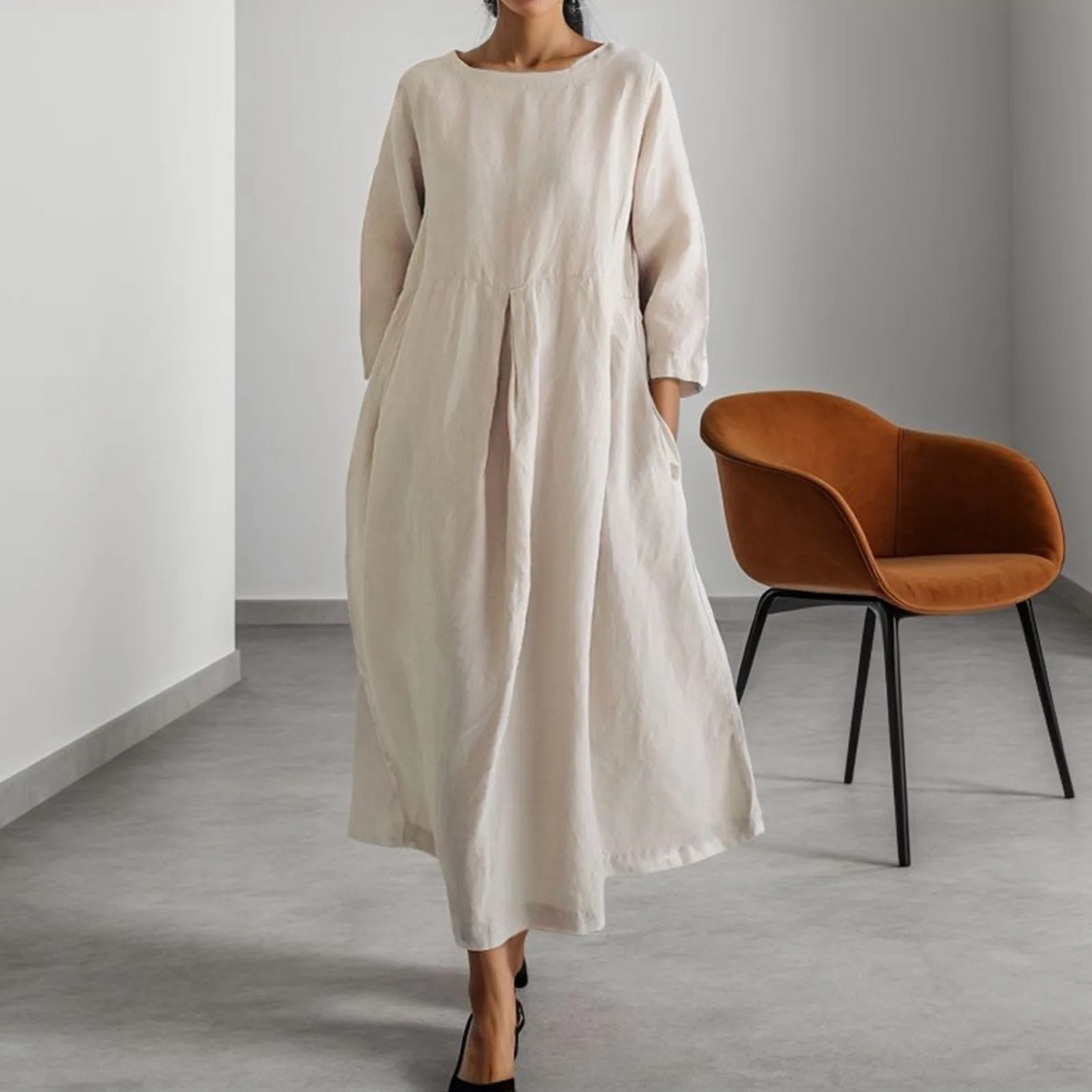 Effortless Linen Maxi Dress for Women with Round Neck Style