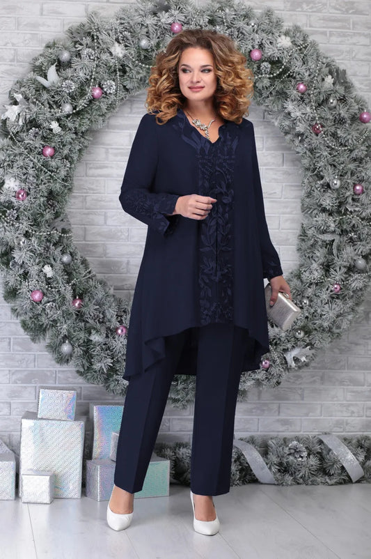 Elegant Lace Sleeve Two Piece Set for Women with V-Neck Chiffon Cardigan Wide Leg Pants Formal Wedding Guest Style