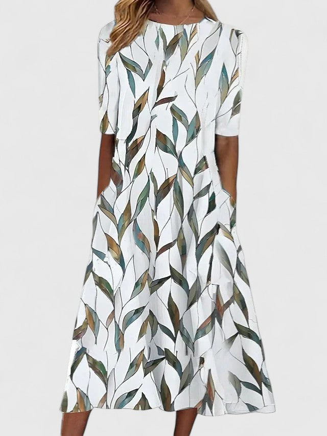 Printed Midi Dress with Puff Sleeves