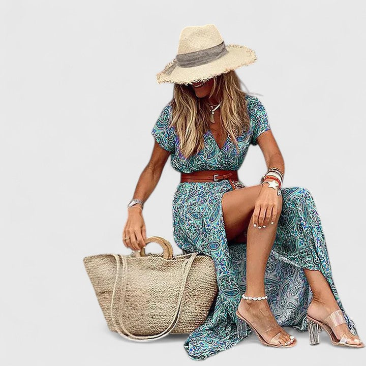 Effortless Paisley Maxi Dress for Women with V Neck Boho Style