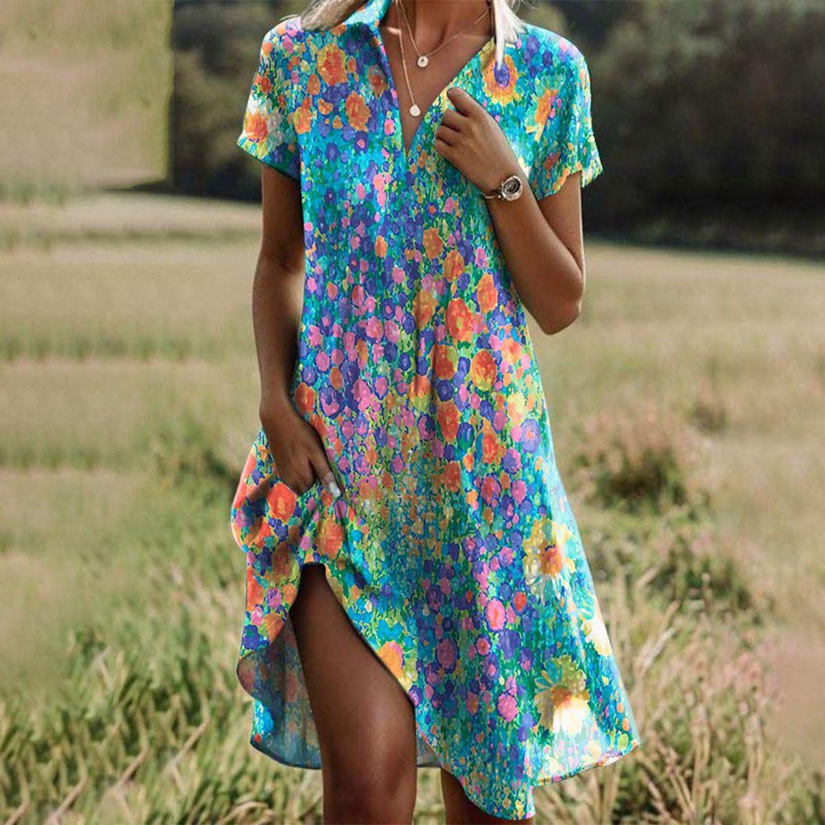Floral V Neck Midi Dress with Front Slit