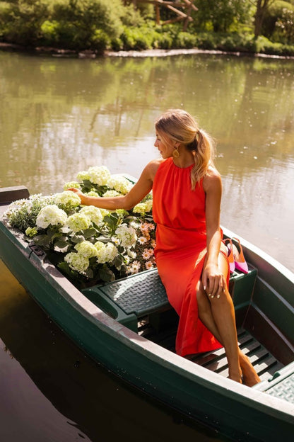 Elegant Halter Midi Dress for Women with Sleeveless Formal Wedding Guest Style