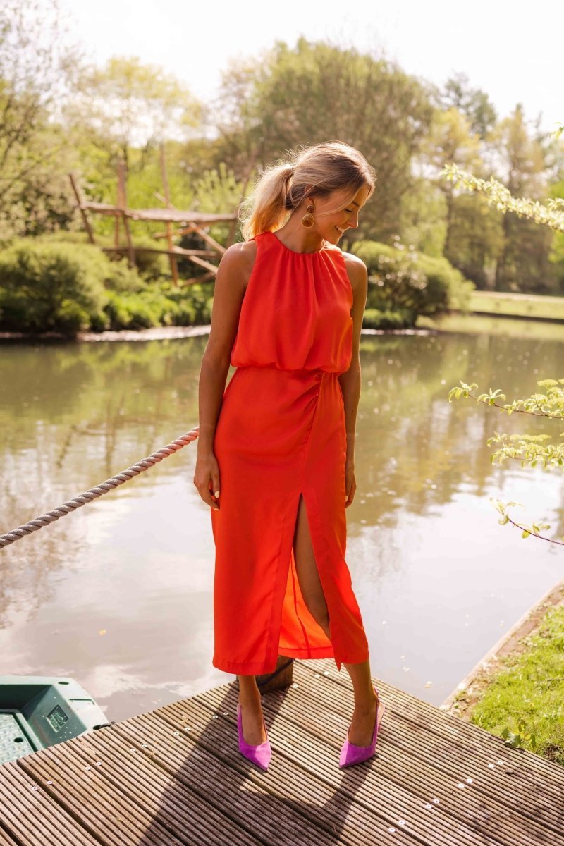 Elegant Halter Midi Dress for Women with Sleeveless Formal Wedding Guest Style
