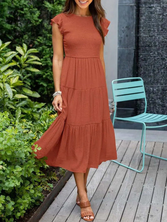 Comfortable Tiered Midi Dress for Women with Flutter Sleeve Style