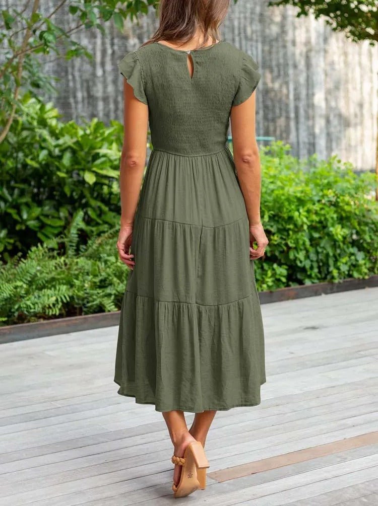 Comfortable Tiered Midi Dress for Women with Flutter Sleeve Style