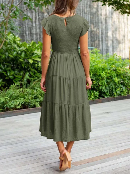Comfortable Tiered Midi Dress for Women with Flutter Sleeve Style