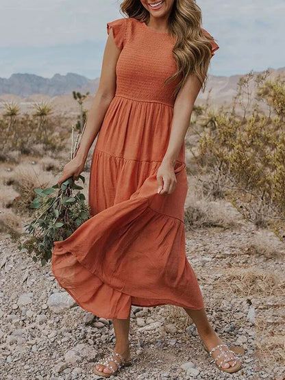 Comfortable Tiered Midi Dress for Women with Flutter Sleeve Style