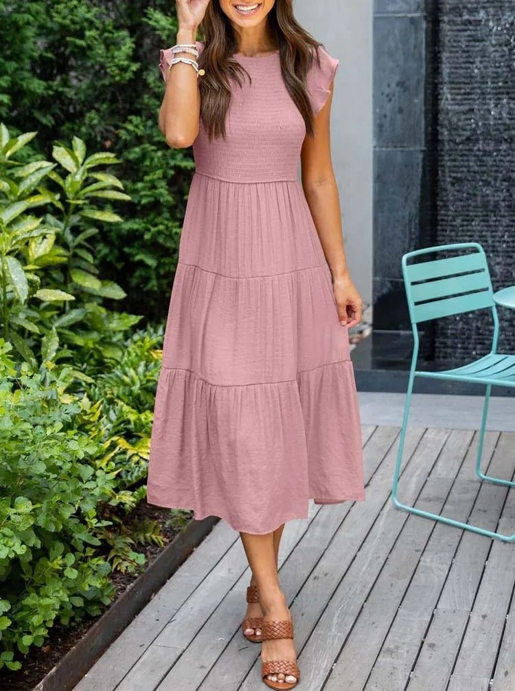 Comfortable Tiered Midi Dress for Women with Flutter Sleeve Style