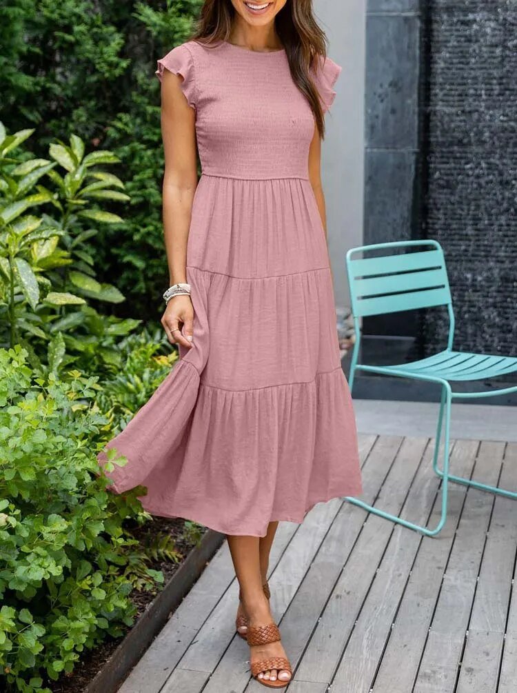 Comfortable Tiered Midi Dress for Women with Flutter Sleeve Style