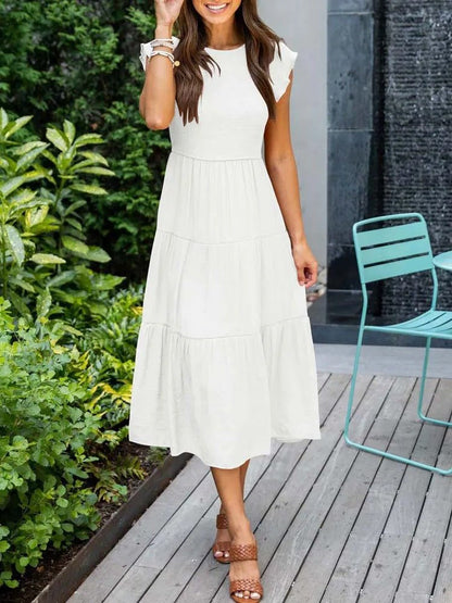 Comfortable Tiered Midi Dress for Women with Flutter Sleeve Style