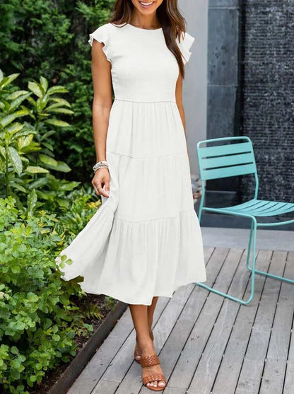 Comfortable Tiered Midi Dress for Women with Flutter Sleeve Style