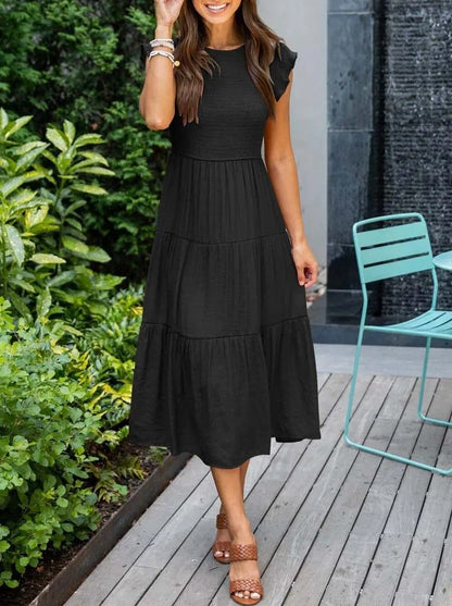 Comfortable Tiered Midi Dress for Women with Flutter Sleeve Style